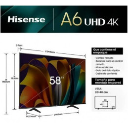 PANTALLA HISENSE 58" 58A6NV LED 4K UHD Vidaa U7 Smart 60Hz Resolución 3840 x 2160 RGB PANTALLA HISENSE 58" 58A6NV LED 4K UHD Vidaa U7 Smart 60Hz Resolución 3840 x 2160 RGB